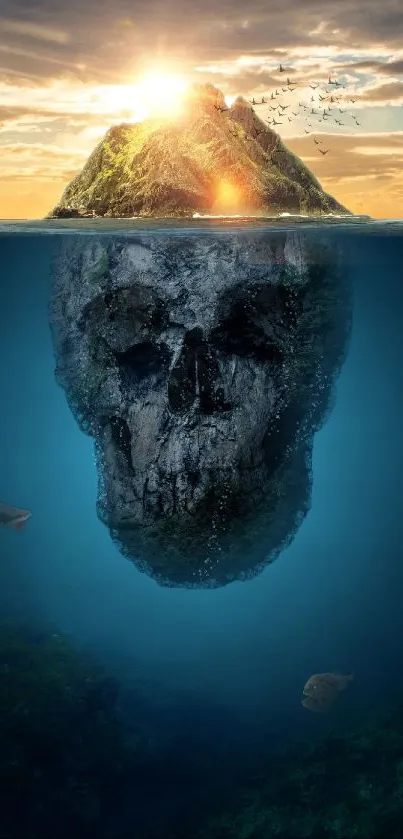 Island with skull reflection under ocean sunset.