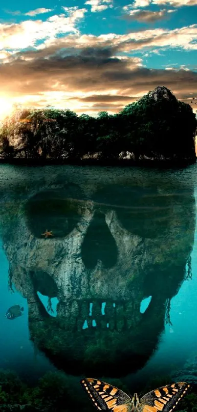 Mysterious island with an underwater skull and sunset sky.