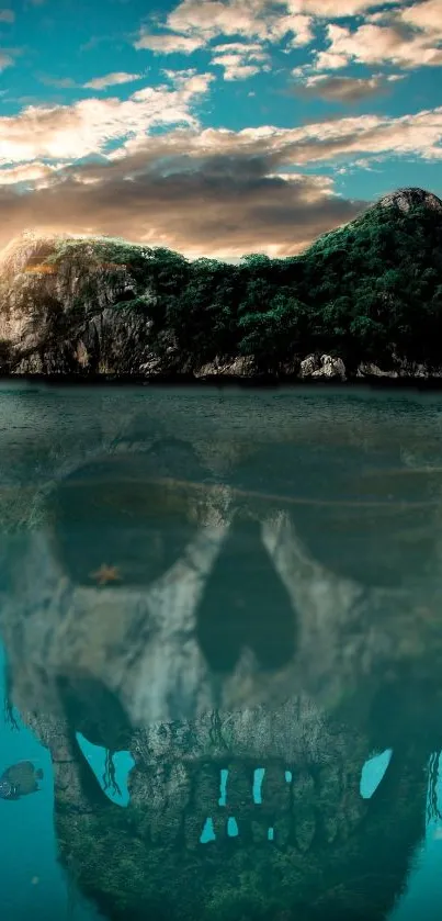 Island with skull reflection under ocean waves.