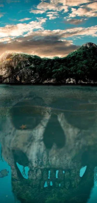 A mysterious island with a skull reflection in tranquil ocean waters at sunset.