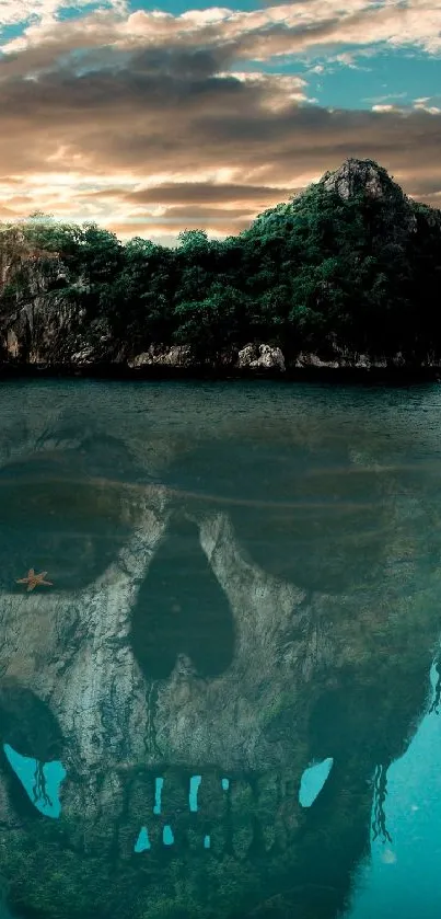 Island with skull reflection under water and vibrant skies above.