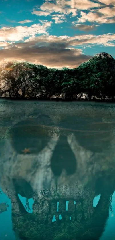Island with a hidden skull reflection in the water, creating a mysterious scene.
