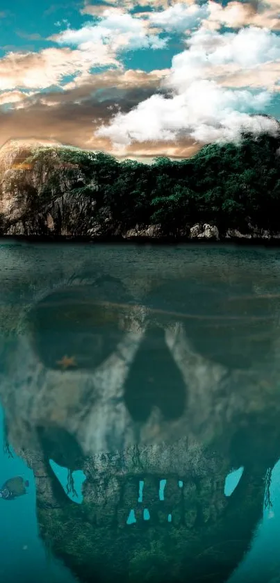 Island with skull reflection in ocean waters under a dramatic sky.