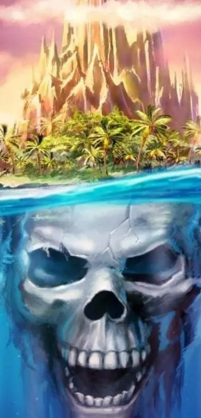 Mysterious island with underwater skull in vivid blue mobile wallpaper.