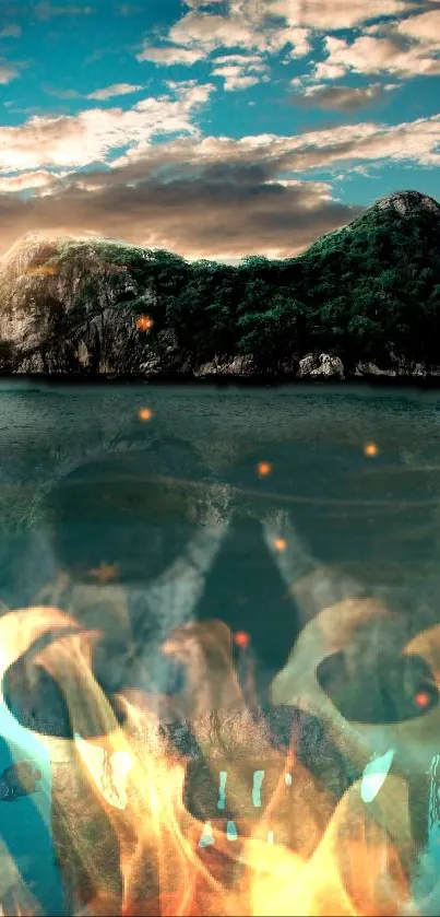 Mysterious island with a skull overlay in a sunset scene on water.