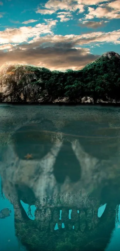 Mysterious island with skull reflection in teal waters under a clouded sky.