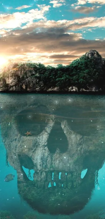 Island with hidden skull in ocean reflects mystery and adventure.