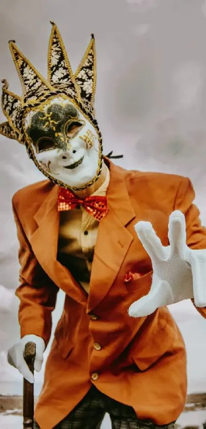 Mysterious jester in orange suit with mask in cloudy background.