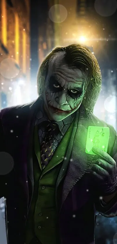 Joker holding a glowing card in dark, cinematic setting