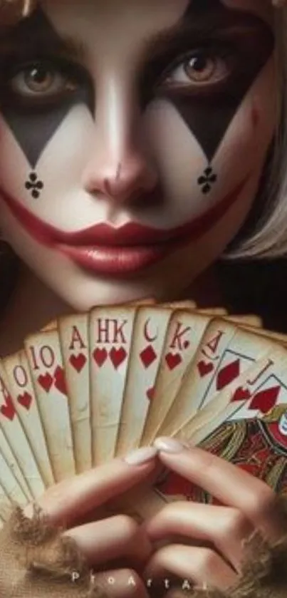 Joker-themed artwork with cards and face paint.