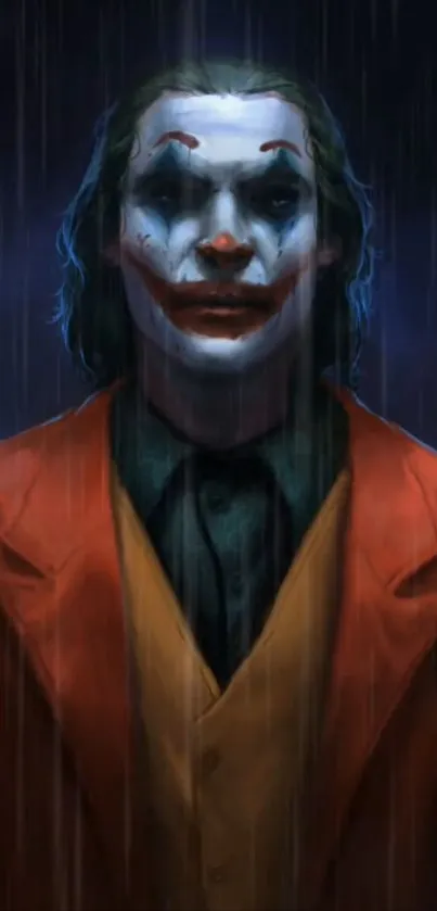 Joker stands in the rain with a mysterious expression, surrounded by dark colors.