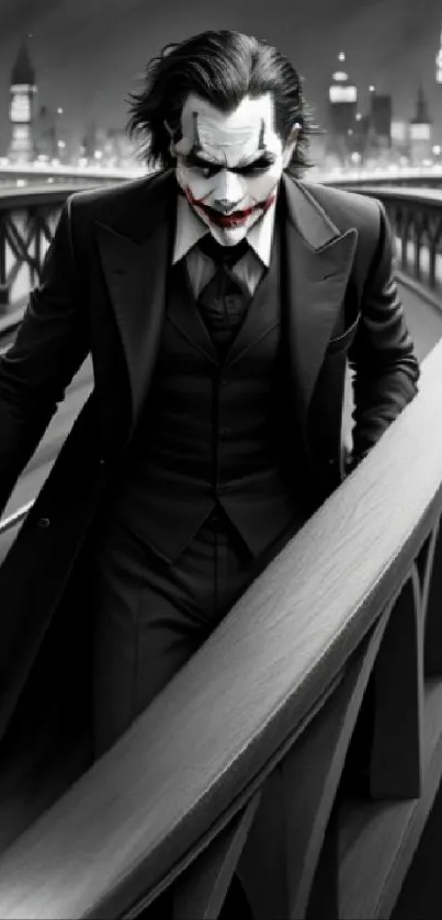 Joker in black suit on a city bridge in monochrome style.