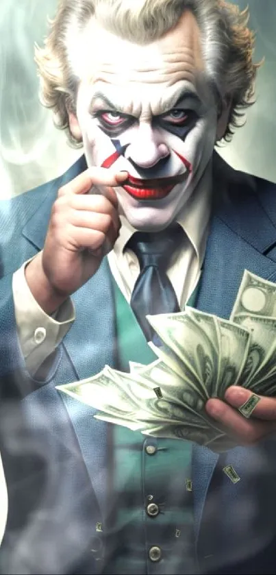 Joker with clown makeup holding money in a suit jacket.