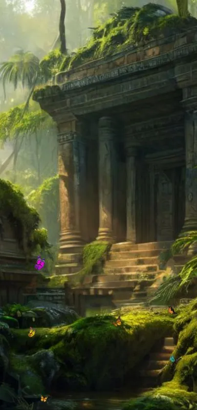 Moss-covered ancient temple in a jungle setting with sunlight.