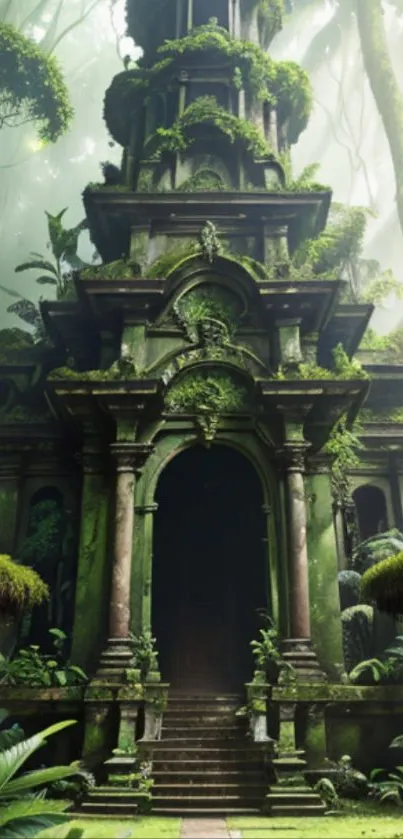 Mysterious jungle temple surrounded by lush greenery and ancient architecture.