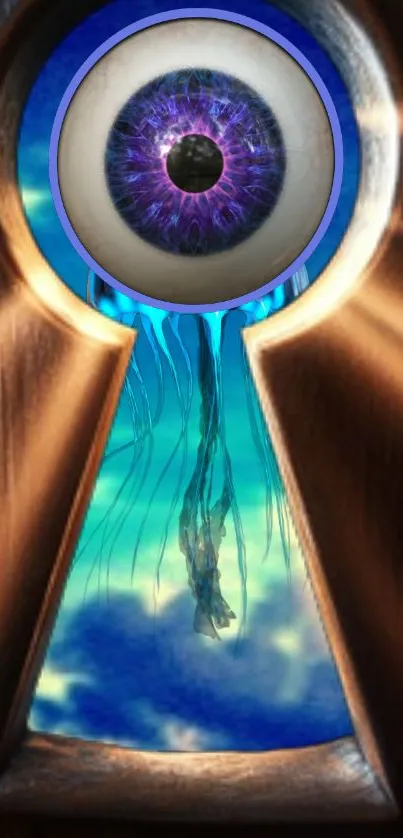 Artistic wallpaper with an eye through a keyhole.