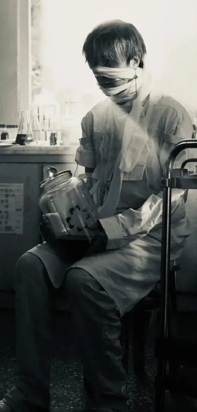 Bandaged figure sitting in a lab with monochrome tones.