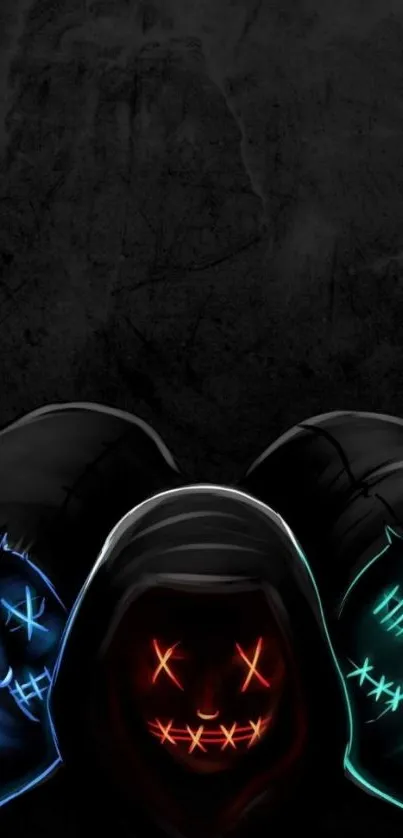 Mysterious figures with LED masks in dark theme.