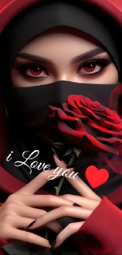 Mysterious veiled woman with red rose and love theme.