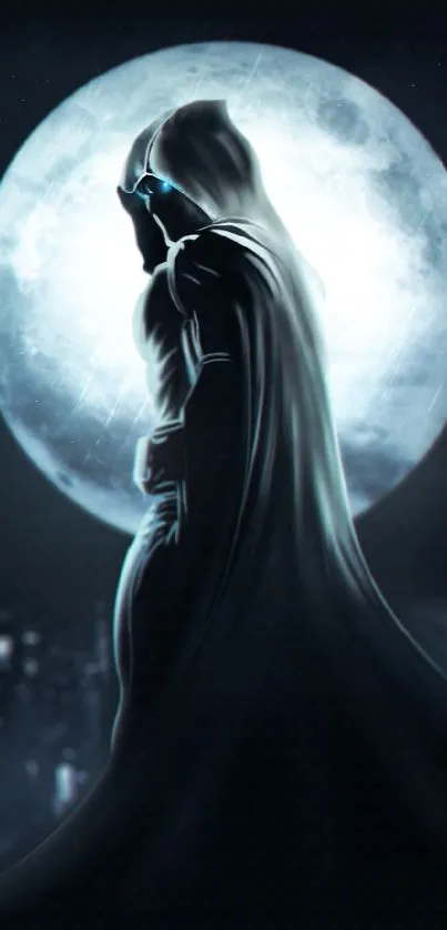 Cloaked figure with a full moon backdrop, dark and mysterious scene.