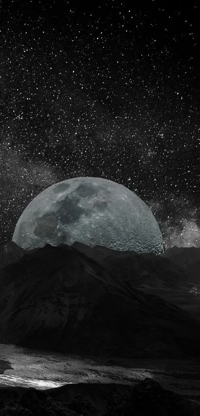 Mysterious moonlit landscape with stars and mountains.