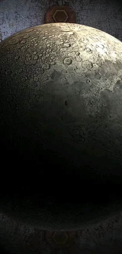 Mysterious moon surface with detailed craters and a dark background.