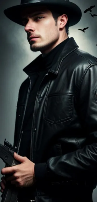 Man in black leather jacket with hat and crows in a mysterious setting.