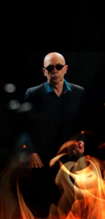 Mysterious bald man in dark suit and sunglasses on wallpaper.