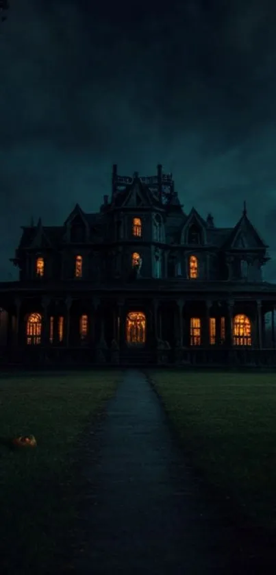 Eerie mansion illuminated at night with a dark sky.