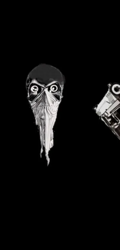 Mysterious mask and guns on black wallpaper.