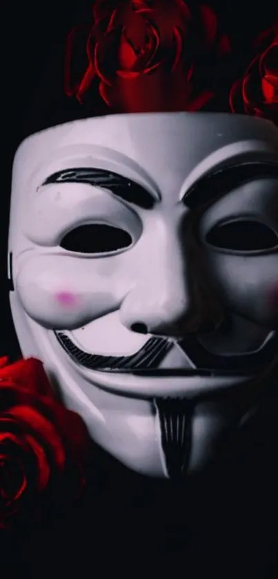 Mysterious mask with vibrant red roses on a dark background.