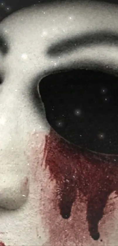 Close-up of a mask with dark, artistic red accents.