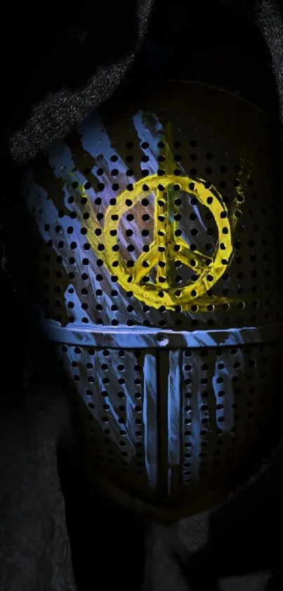 Masked figure with yellow peace symbol on a black background.