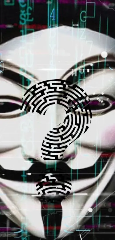 Digital mask with cyber patterns and question mark.