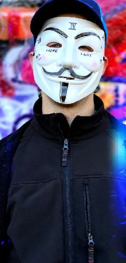 Masked figure with graffiti background, vibrant urban art.