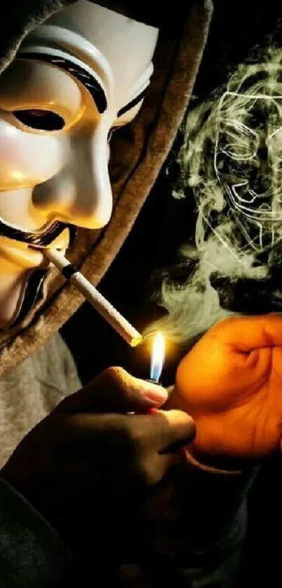 Mysterious mask figure lighting a cigarette with a dark background.