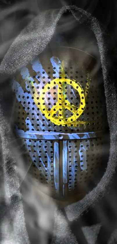 Dark hooded figure with a mask, featuring a yellow peace symbol.