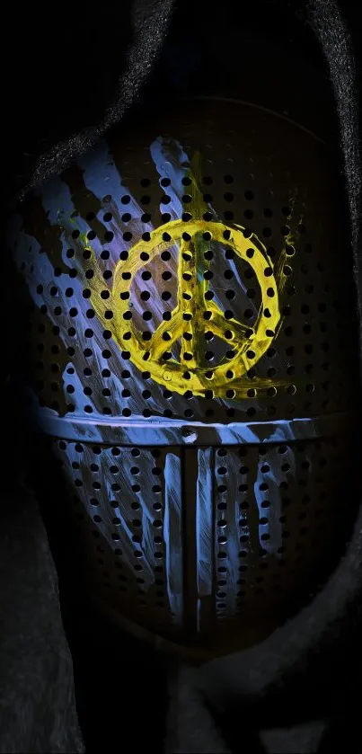 Dark hooded figure with a perforated mask and yellow peace sign.