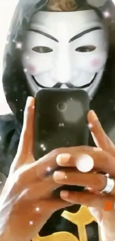 Mysterious masked figure in phone reflection with dark background.