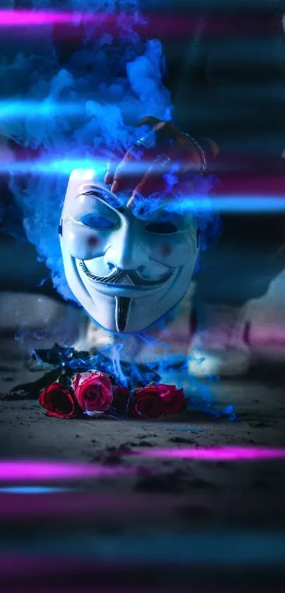 Mysterious mask with blue smoke and roses on dark background