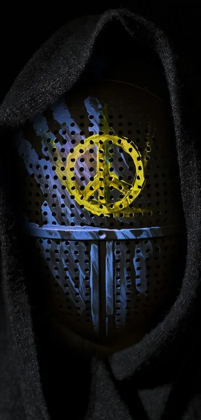 Mysterious mask with a yellow peace symbol in hood.