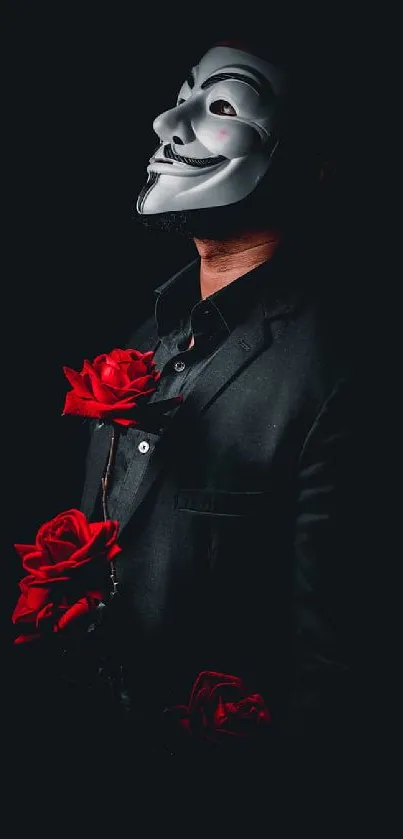 Mysterious figure in mask with red roses on dark background.