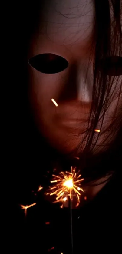 Mysterious mask with sparkler in darkness.