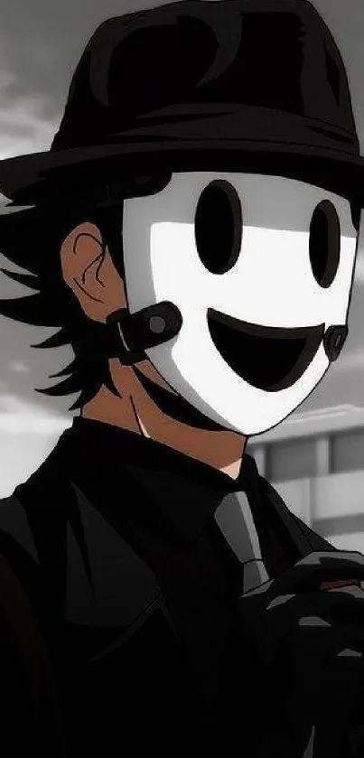 Anime character in black suit with a smiling white mask on city rooftop.