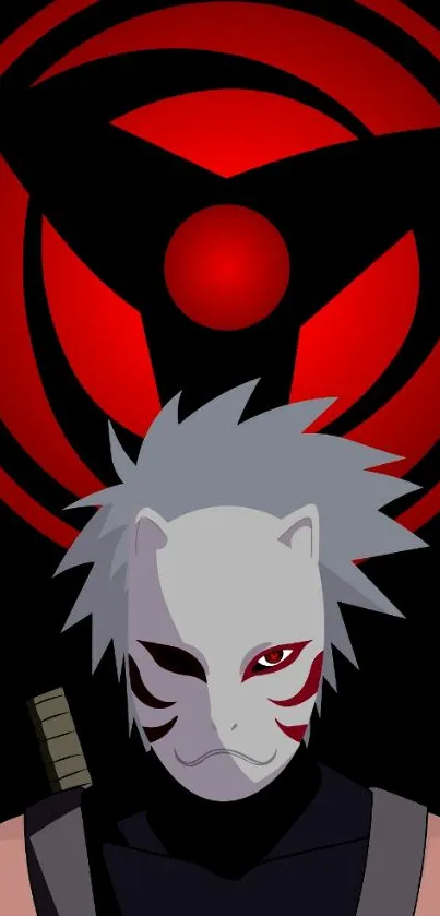 Anime character with mask and red symbol on black background.