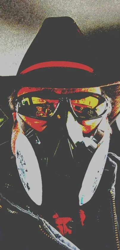 Masked cowboy with reflective sunglasses in abstract style.