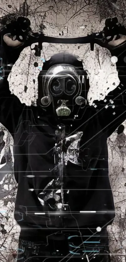 Abstract art with a gas mask figure, black and white.