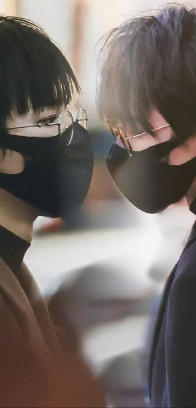 Two people wearing black masks in close encounter.