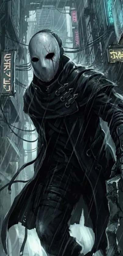 Mysterious masked figure in dark alleyway artwork.