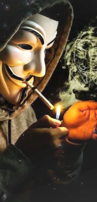 A hooded figure wearing a mask lights a cigarette in the dark.